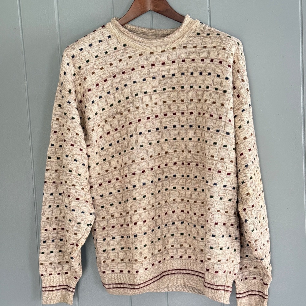 Jantzen Sport‎ Vintage 90s Textured 3D Knit Roll Neck Grandpa Sweater Beige L